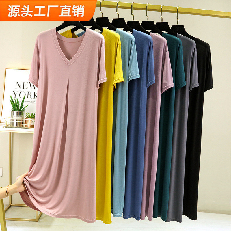 Thin modal dress women's summer casual home nightdress short sleeve A- line skirt plus size loose slimming dress