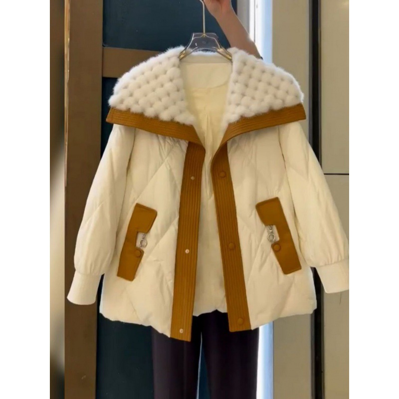 韩版菱格小香风棉服女2023年冬季新款欧货宽松加厚百搭毛领外套