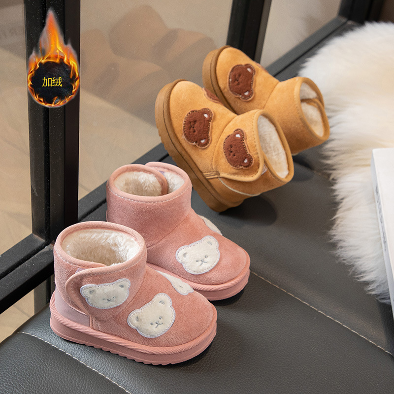 Botas de nieve para niños 2025, invierno nuevo tipo de botas cortas con calentamiento de lana, botas de algodón de dibujos animados de moda