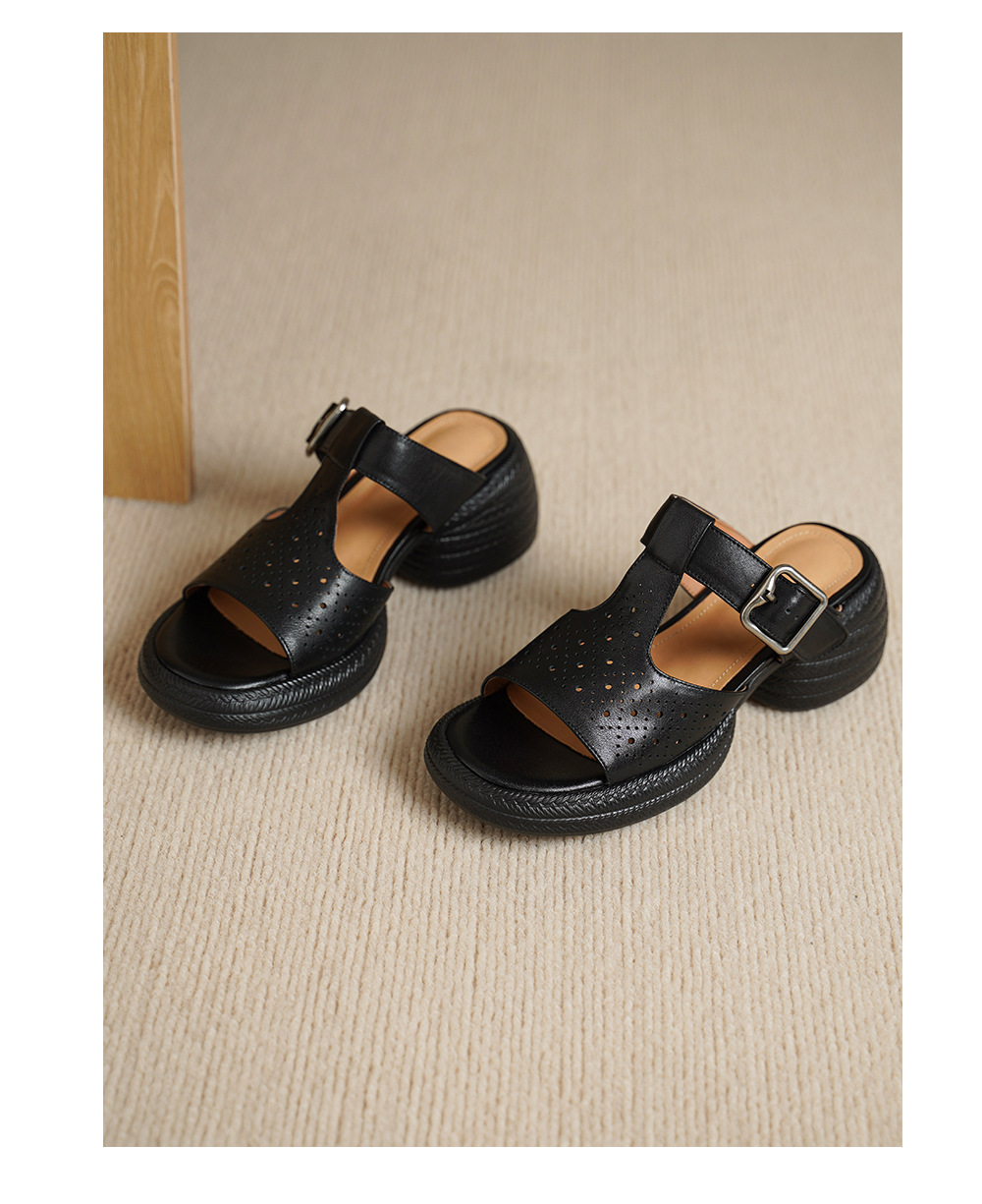 Sandal nữ da bò cao gót quai chữ T đế dày — đen chi tiết 15