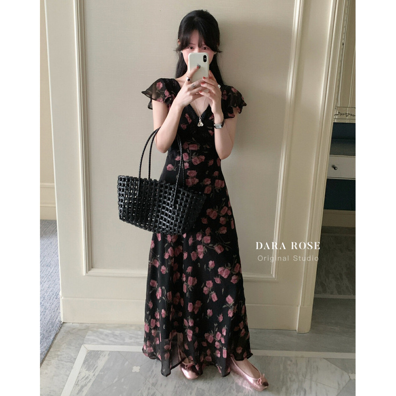 DARA ROSE 本格夏高級Vネックスリムフライングスリーブ花柄ワンピース 5630|undefined