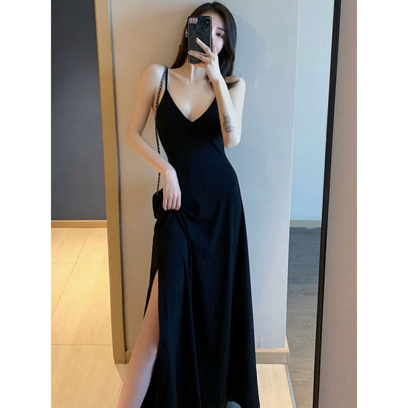 Черная юбка на подтяжках, новая летняя элегантная шикарная длинная юбка с разрезом в стиле шинуазри, однотонное тонкое платье с открытой спиной