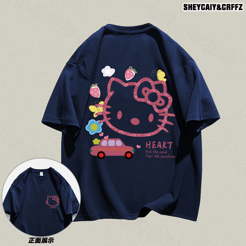 2024 New Couple Short-Sleeved 100% Cotton T-Shirt Summer Loose and Versatile Cute Hello Kitty Printed Top