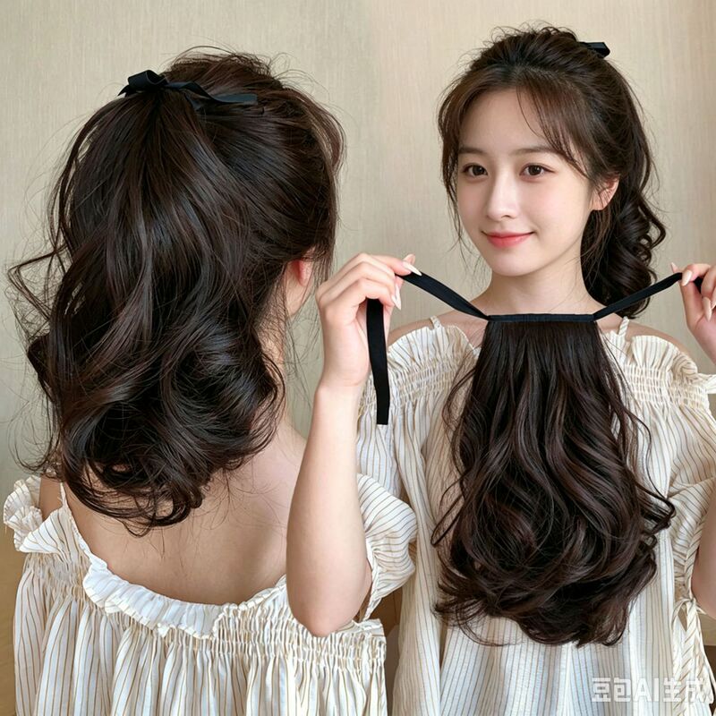 Wig Ponytail Artificial Hair Strap-On Invisible Natural Medium-Length Curly Hair Girls Pear Blossom Curly Wig Braid Low Ponytail