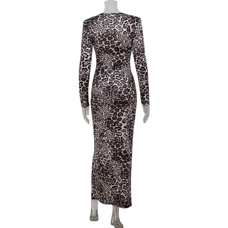 Sexy Leopard Print Printed V neck Sexy Pleated Nipped Waist Slim Tall Looking Split Dress