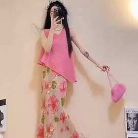 扎染绝美半身裙中长裙2026女夏开叉感显瘦a字法式印花百褶裙