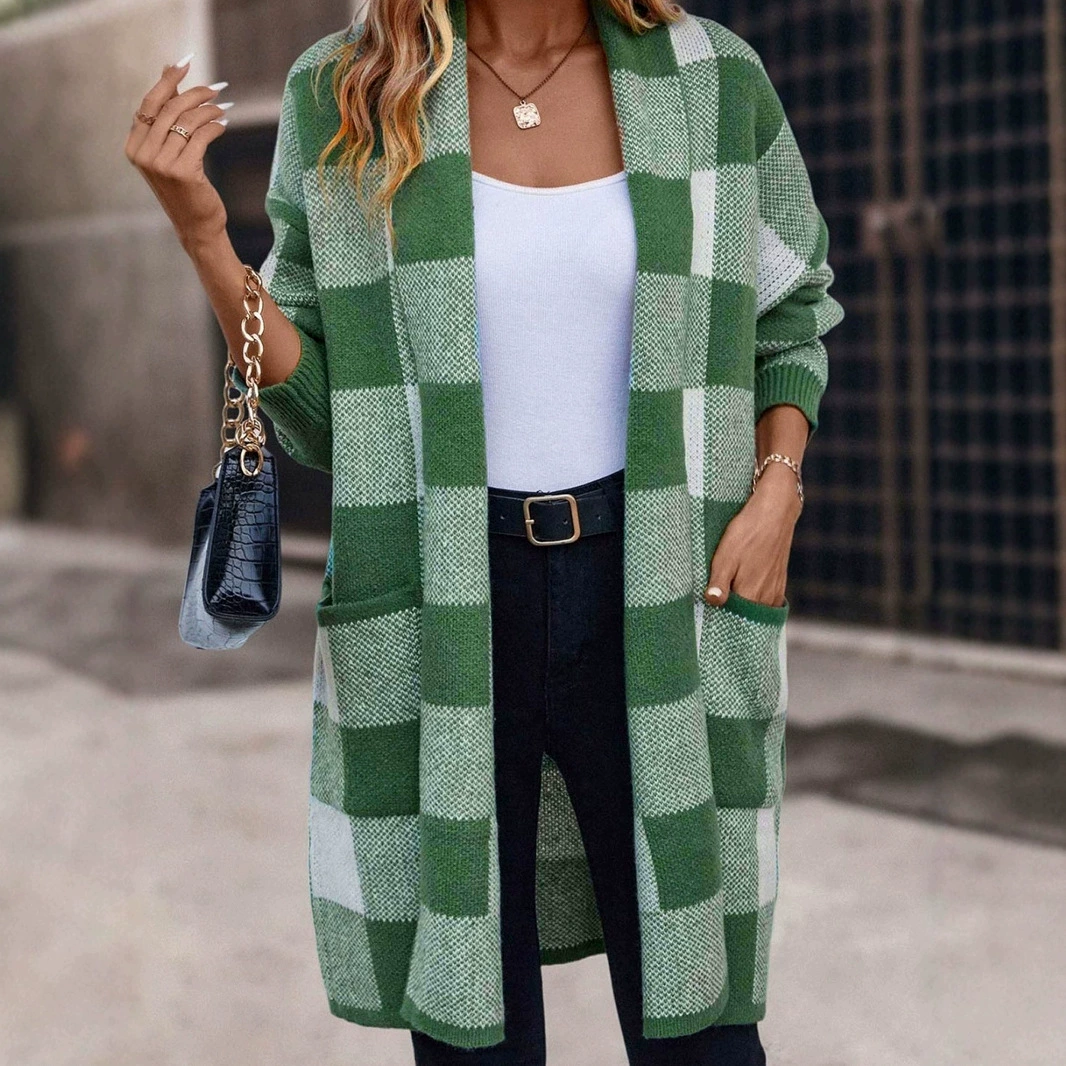 Внешняя торговля Трансграничная Европа и США Амазонка Источник Кардиган в клетку Куртка Модный вязаный кардиган Весна и Осень Зима