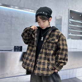 儿童装男童秋冬款夹棉大格子连帽外套大童2025新款冬款单排扣上衣