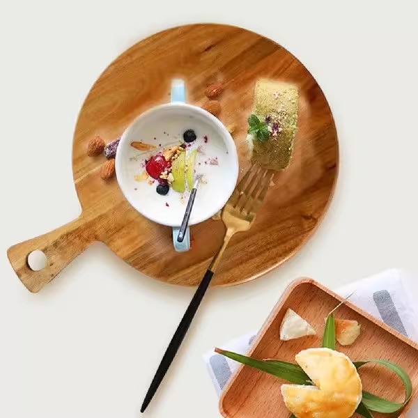 De estilo japonés Acacia filete restaurante occidental pan plato fruta filete bandeja de madera maciza placa para hornear Placa de pizza