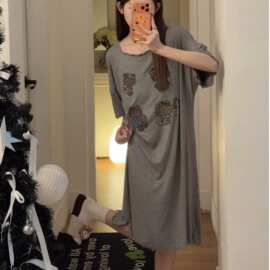 休闲开通趣味印花莫代尔睡裙女夏季 木耳边宽松短袖中长款睡裙