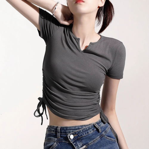 Designers' V-neck drawstring slimming pure desire short-sleeved women's T-shirt 2025 summer new pure color top trendy