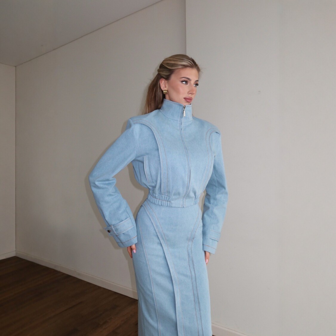 2026 New European and American Cross-Border Fashion High-Neck Long-Sleeve Denim Jacket and Bodycon Pencil Skirt Set