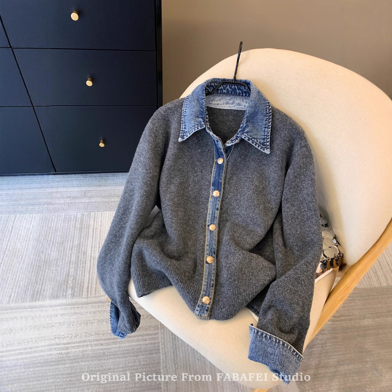 Denim Shirt Collar Patchwork Fake Two-Piece Sweater for Women, Autumn and Winter 2025 New Korean Chic High-End Knitted Jacket