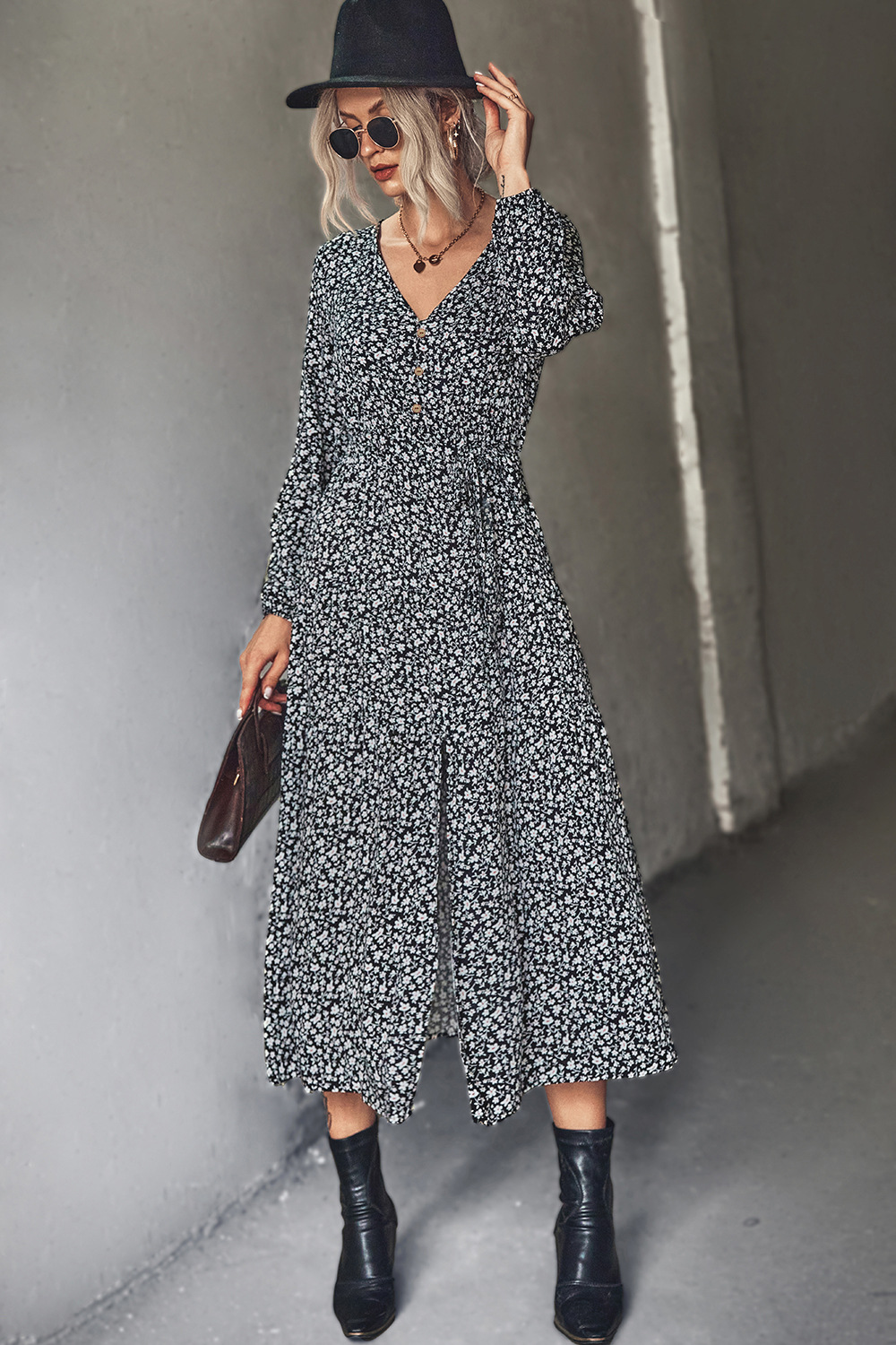 V-neck floral print long-sleeved slit dress NSLNZ136798