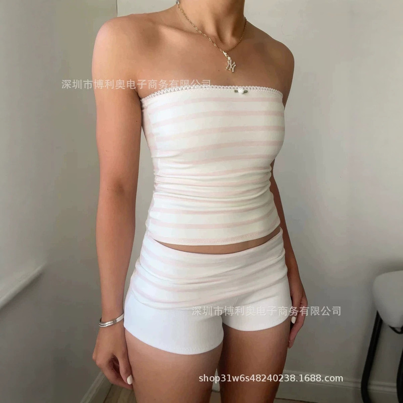 2026 Summer New Pure Desire Style Pink and White Striped Strapless Hot Pants Lace Trim Slim-Fit Set