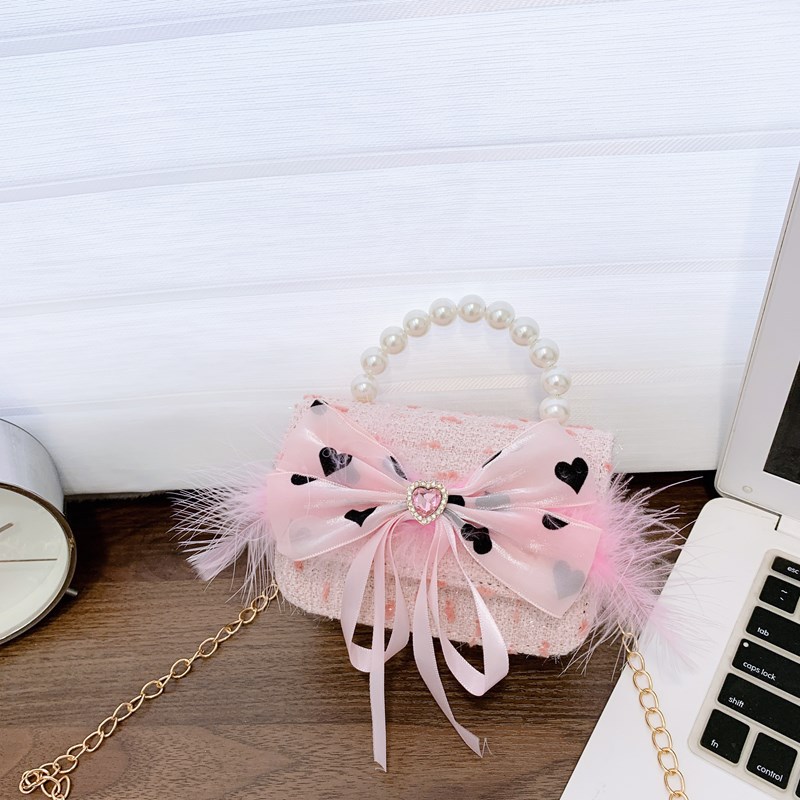Bolso de hombro para niña con fragancia pequeña coreana, bolso de perla con lazo de amor, bolso de mensajero para niños con cadena