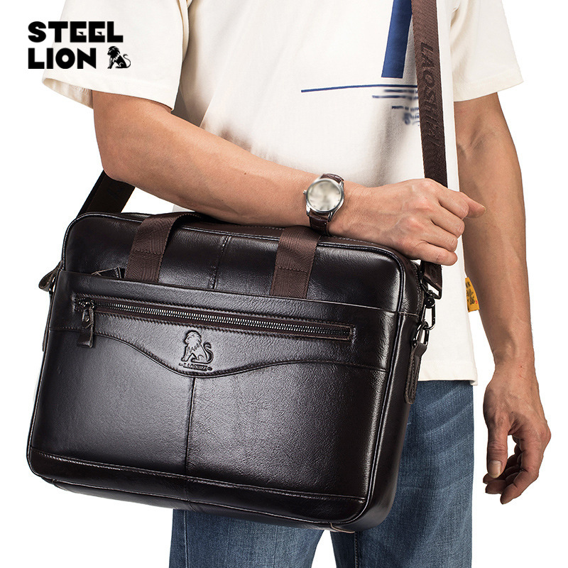 Bolso para computadora de piel de vaca de león viejo maletín de hombre de cuero de gran capacidad Bolso de archivo de piel de vaca de primera capa retro