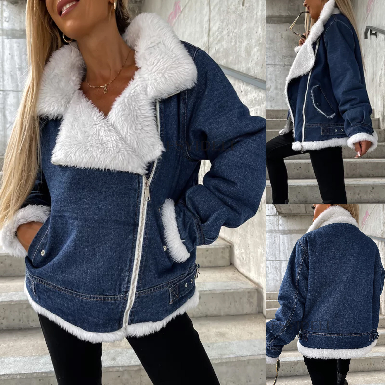 Damenmantel aus unregelmäßiger Denim-Lammwolle mit Nähten, lockerer Samt-Jeansmantel_voghion.com
