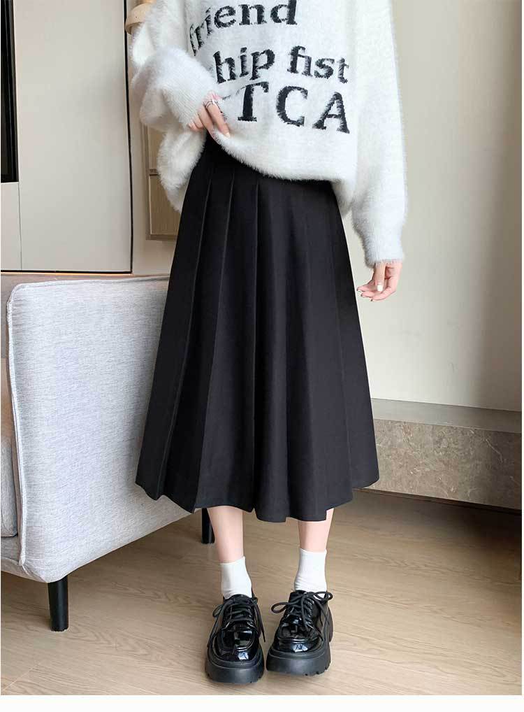 2023 outono/inverno nova saia plissada espessada com elástico e cintura alta emagrecimento e ajuste solto temperamento saia de comprimento médio_voghion.com