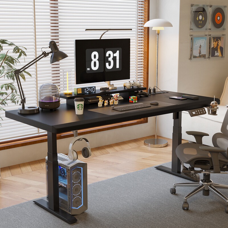 Solid Wood Adjustable Table Home Desktop Computer Table Two-Person Black Gaming Table Workbench Office Rωrω