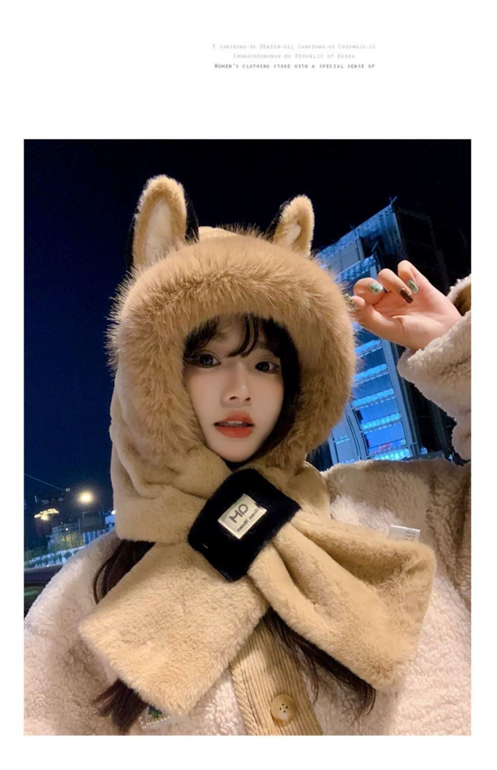 Plush hat in one, women's autumn and winter fox ears cute cycling warm ear protection with thick velvet scarf_voghion.com