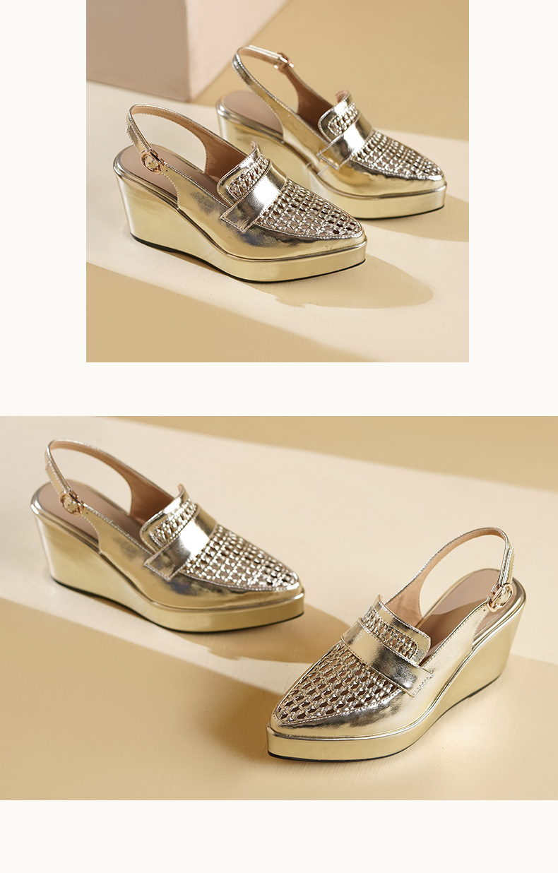 Sandal cao gót nữ quai ngang mũi nhọn đế xuồng 9cm dệt lỗ thoáng khí — vàng, bạc chi tiết 7