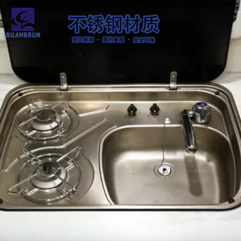 Estufa de gas de acero inoxidable para cocina y baño Guangrun RV con lavabo Estufa de doble ojo con fregadero derecho GR-588