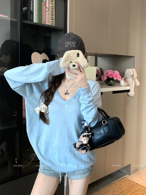 薄款慵懒风V领长袖针织T恤女秋季新款韩版宽松显瘦百搭防晒衫上衣|undefined