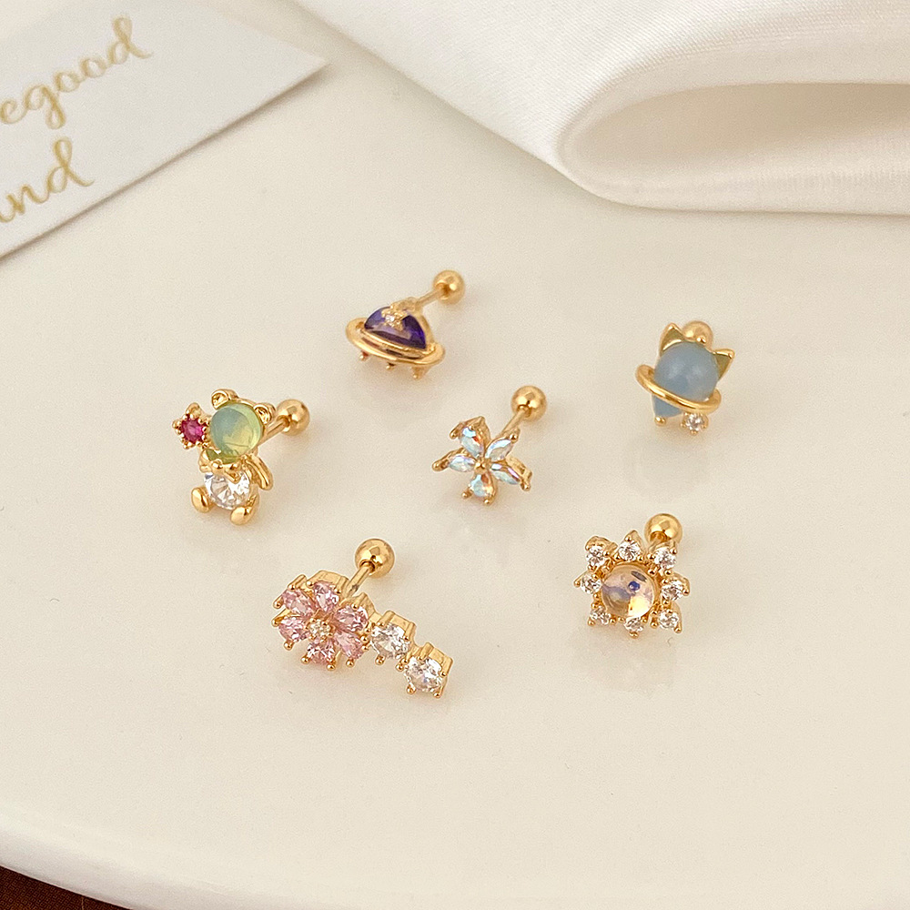 Daily Occasion Copper Material 1 Piece Simple Style Round Flower Inlay Copper Zircon Ear Studs