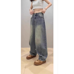 ワイドパンツのレトロなやせた大根のズボンの女性の春と秋の新型の太ったmmの大きいサイズの曲がった刀のズボンのジーパンの小さい背