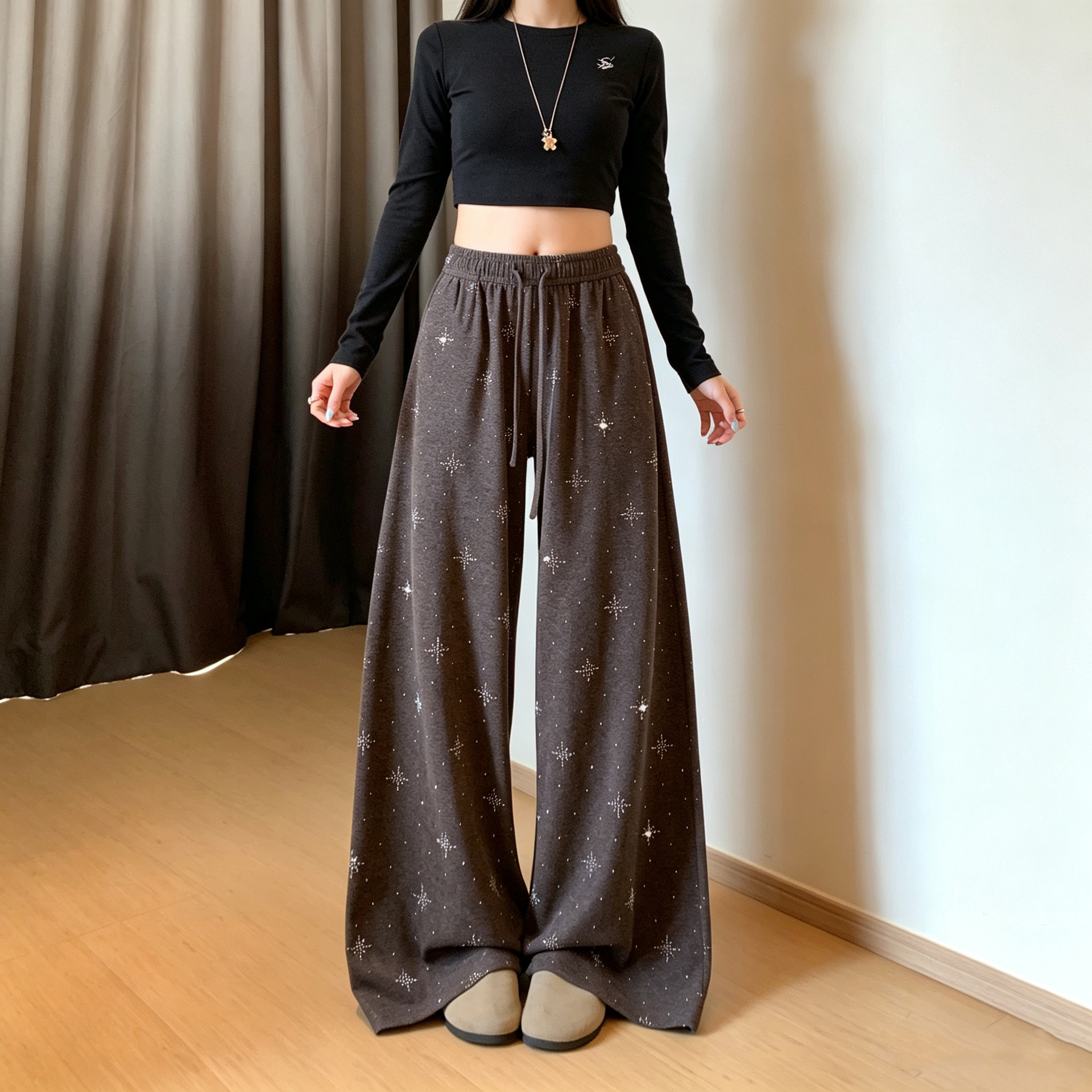 慵懒风咖色烫钻阔腿裤女春秋季2026新款高腰宽松显瘦垂感直筒裤子