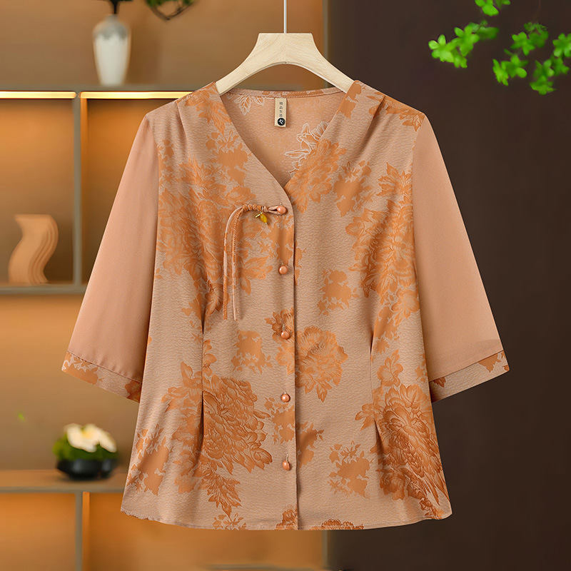 Mother's Day Summer Short-Sleeve Chinese-Style Shirt Top for Middle-Aged and Elderly Women with a Fashionable and Trendy Print