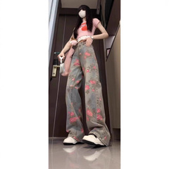 满印玫瑰花朵牛仔裤女款秋季美式复古裤子慵懒风松弛感宽松直筒裤