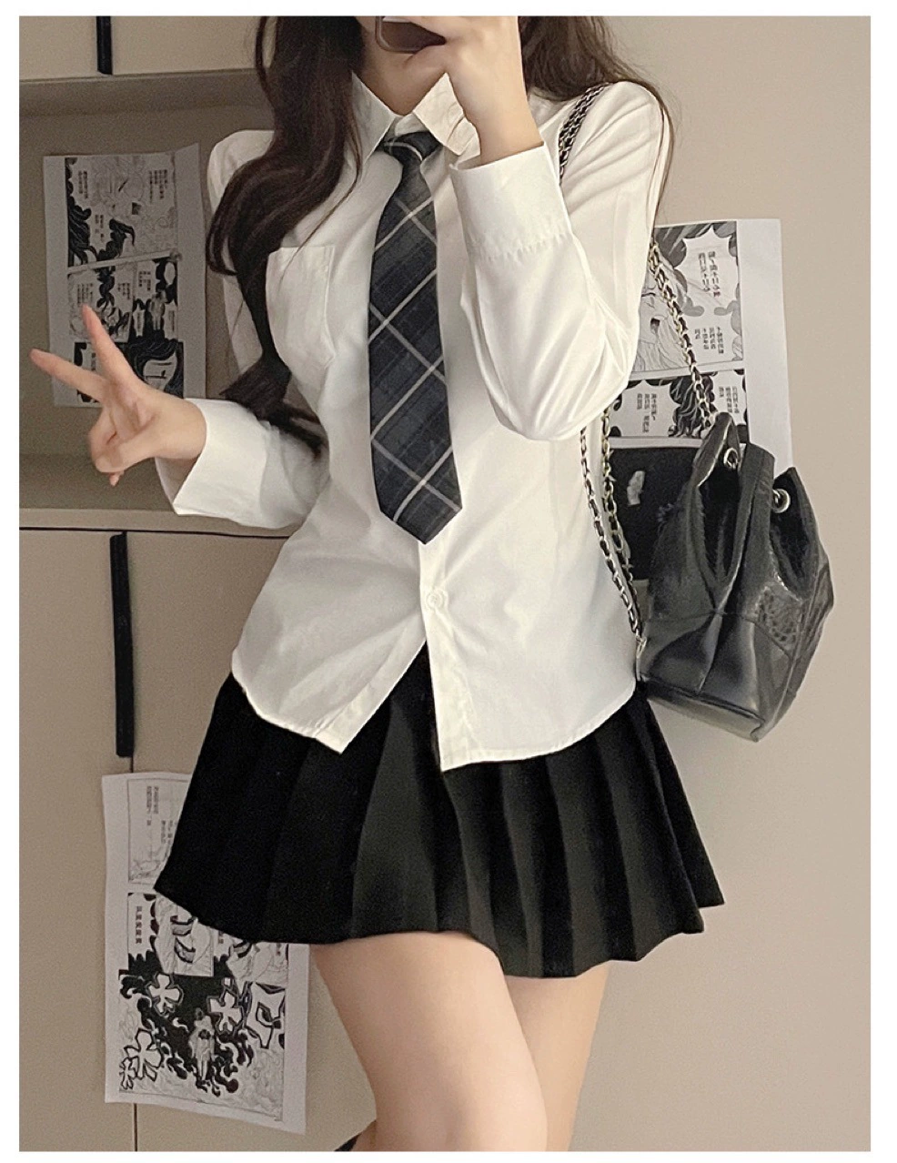 Поясничная осенняя рубашка, pleated юбка, комплект, slim fit