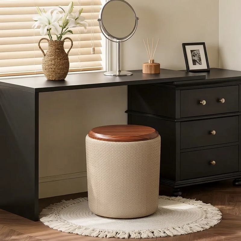 Nordic minimalist round stool for home use in living room and bedroom, makeup stool made of solid wood and woven leather, modern minimalist high-end dressing stool