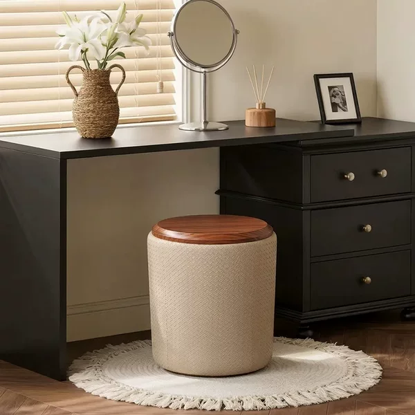 Nordic minimalist round stool for home use in living room and bedroom, makeup stool made of solid wood and woven leather, modern minimalist high-end dressing stool