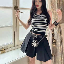 韩版条纹背心吊带复古夏季薄款新款宽松针织衫无袖女上衣吊带女潮
