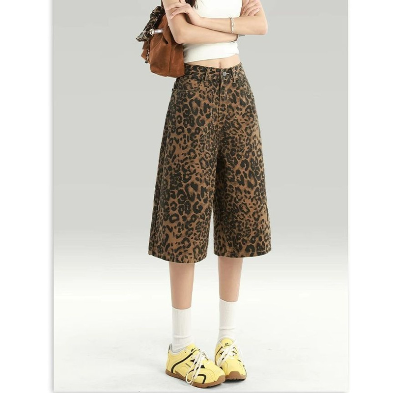 American-style Brown Leopard Denim Cropped Pants Women's Summer Design Sense Loose Mid-length Pants Casual Loose Wide-leg Short Pants