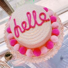 HD5316韓版英倫風彩色毛球球草編帽夏季遮陽戶外沙灘帽度假沙灘包