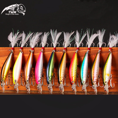 新款缓沉远投米诺 绑好羽毛三本钩路亚饵仿生假饵 炫彩镭射路亚饵