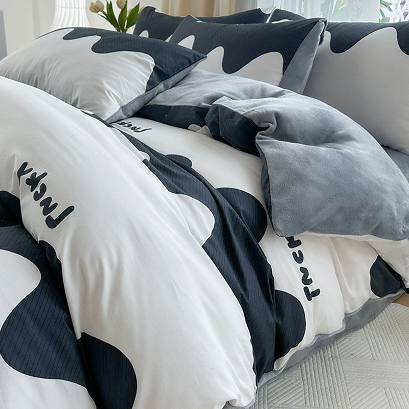 Juego de cuatro piezas de terciopelo de leche de algodón puro 2023 nuevo otoño e invierno más funda de edredón de sábana de terciopelo de coral juego de tres piezas
