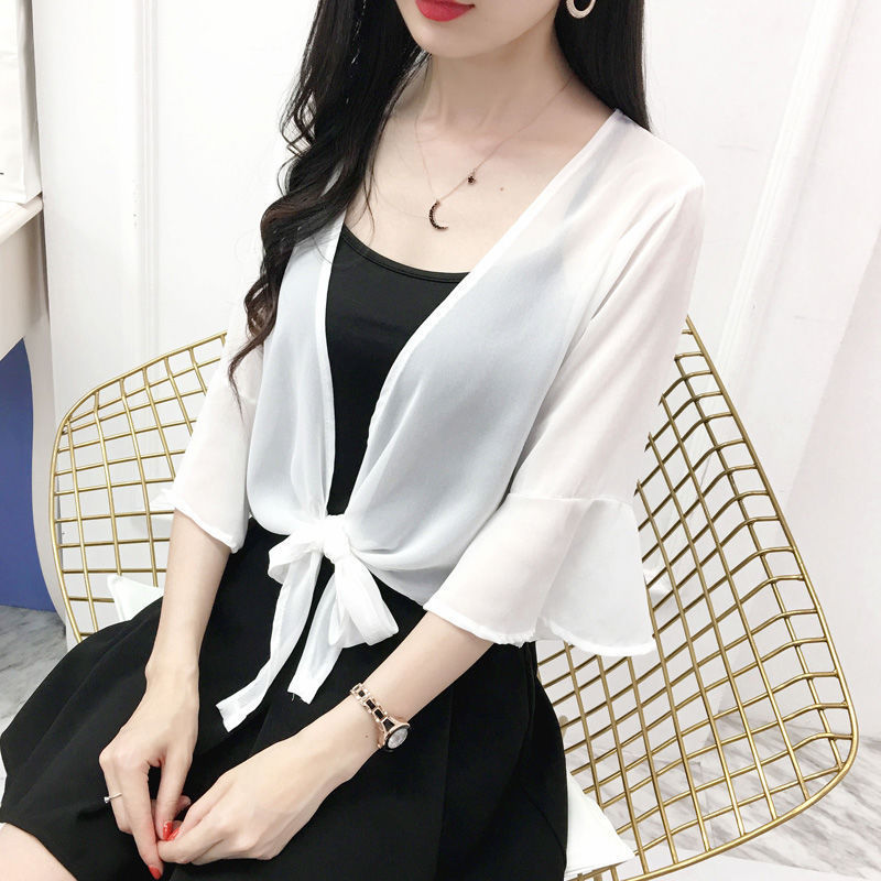 2024 Small Shawl with Skirt Women's Summer Sun Protection Clothing Cardigan Chiffon Shirt Outer Cardigan Transparent Top Tulle 2024 Small Shawl with Skirt Women's Summer Sun Protection Clothing Cardigan Chiffon Shirt Outer Cardigan Transparent Top Tulle