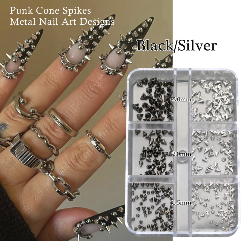Cross-Border Pointed Steel Bead Nail Art Accessories Rivets Dark Gun Black Silver Punk Style Retro Flat Bottom Diamond Nail Accessories