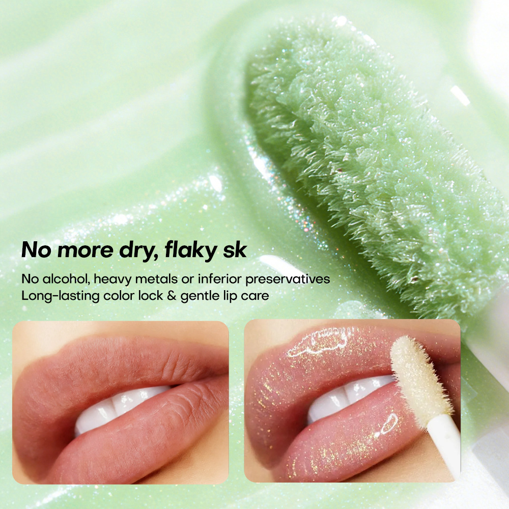 Esmalte labial de manzana verde transfronterizo con esmalte labial de agua perlada, lubrificante labial de color, lubrificante labial de color, espejo, lubrificante labial