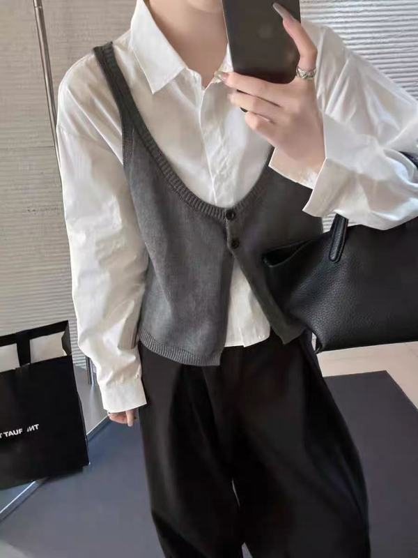 新款V领针织背心马甲两件套女休闲百搭衬衫套装|undefined
