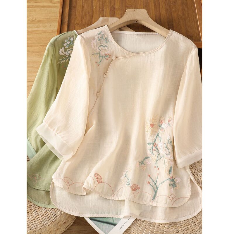 Chinese-Style Heavy Embroidery Cotton Mid-Sleeve Shirt for Women, Summer High-End Improved Zen-Inspired Diagonal Collar Tea Dress Round-Neck Top