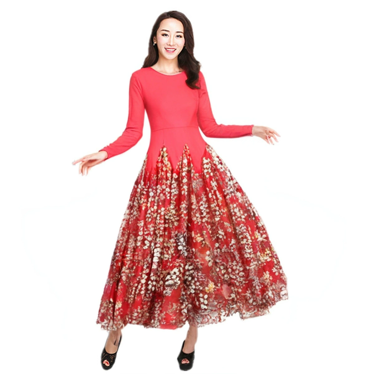 Новое платье современного танца платье платье большой качели платье с длинными рукавами