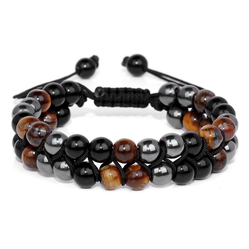 Amazon Artificial Stone Tiger Eye Beads Double-Layer Braided Bracelet for Men, Retro Simple Adjustable Business Men's Bracelet