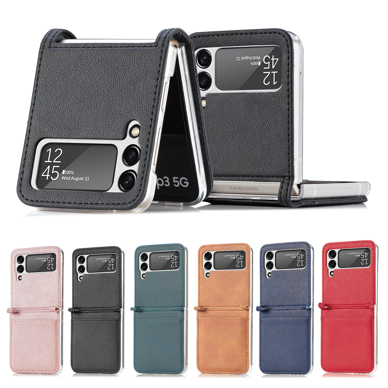 适用于三星Z Flip6手机壳全包插卡Flip5皮革Galaxy Z Flip4保护套