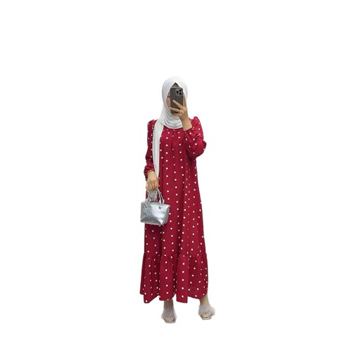 Cross-border Muslim-style crew neck belt bubble sleeve with pocket polka dot dress